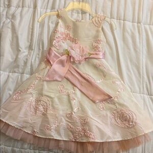 Little Girls Pink Floral Satin Bow Easter/Party Dress